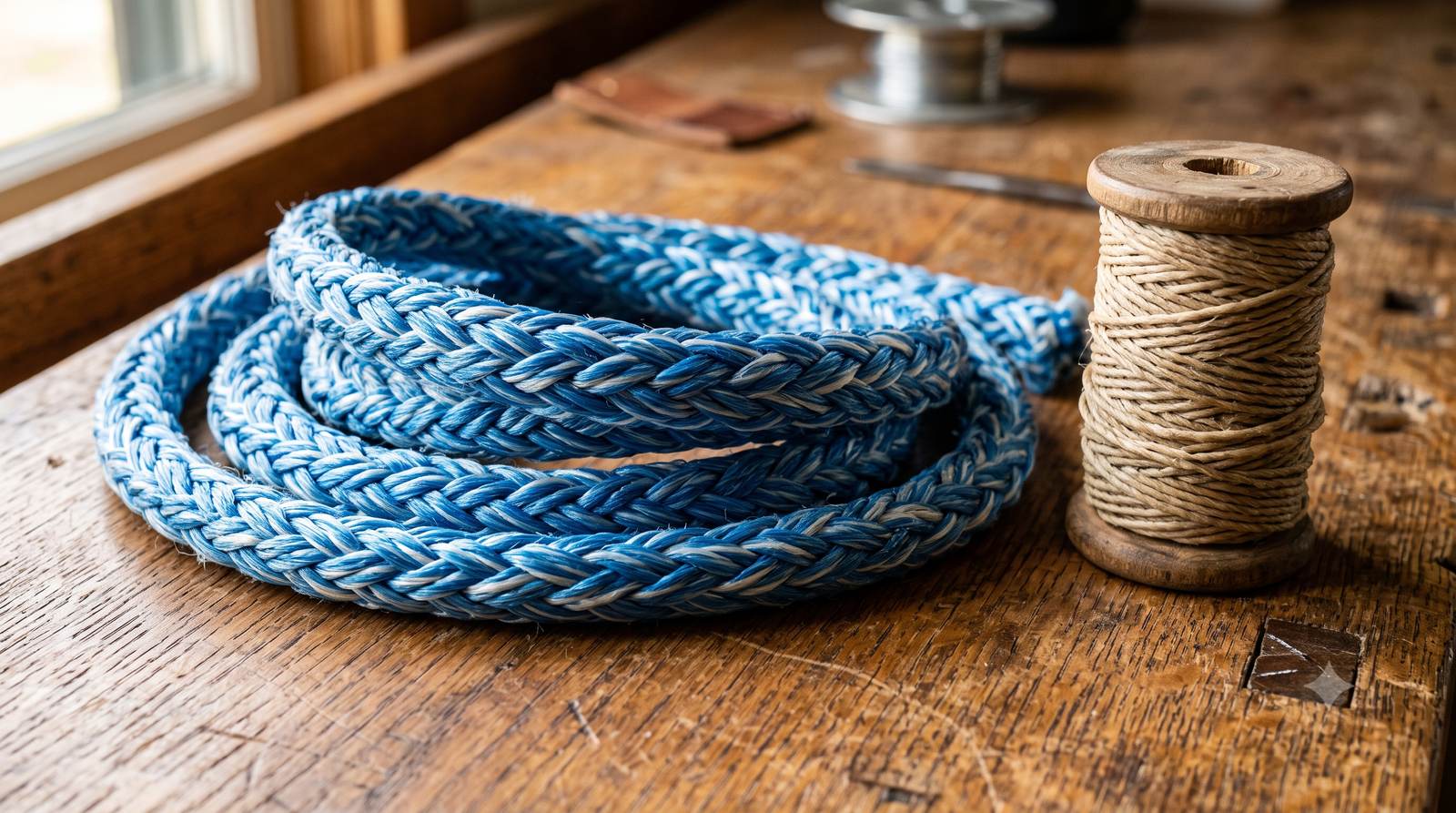Braided rope and a spool of stitching yarn used with Mayura&reg; shade nets