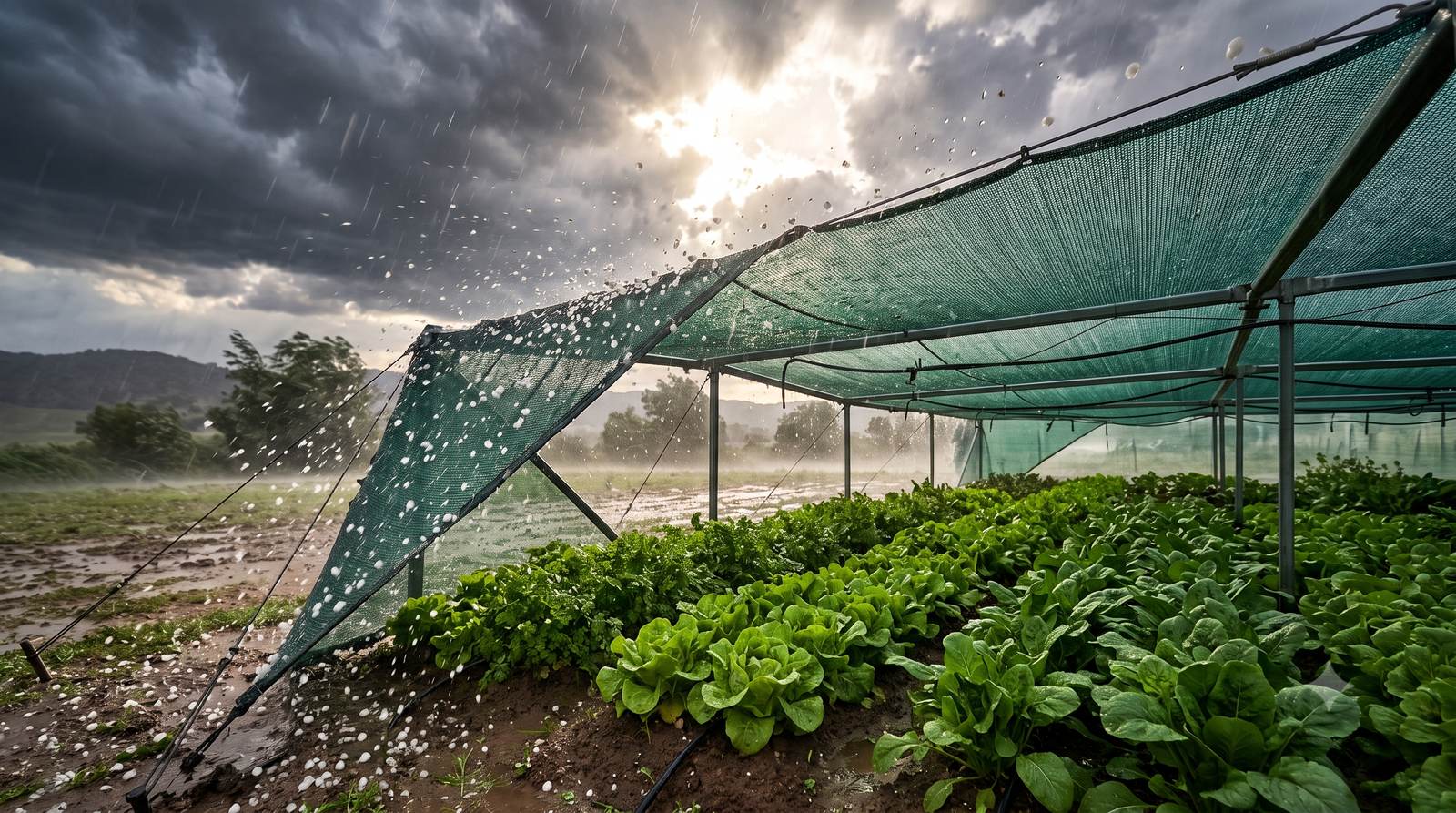 Shade net holding up against hail and heavy rain over a crop bed