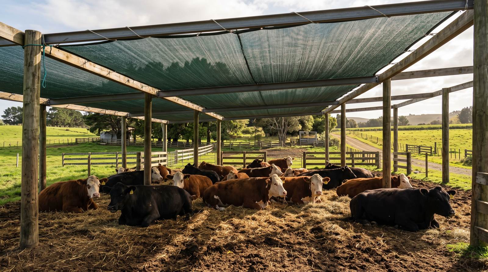 Cattle resting under a green Mayura shade net structure on a farm