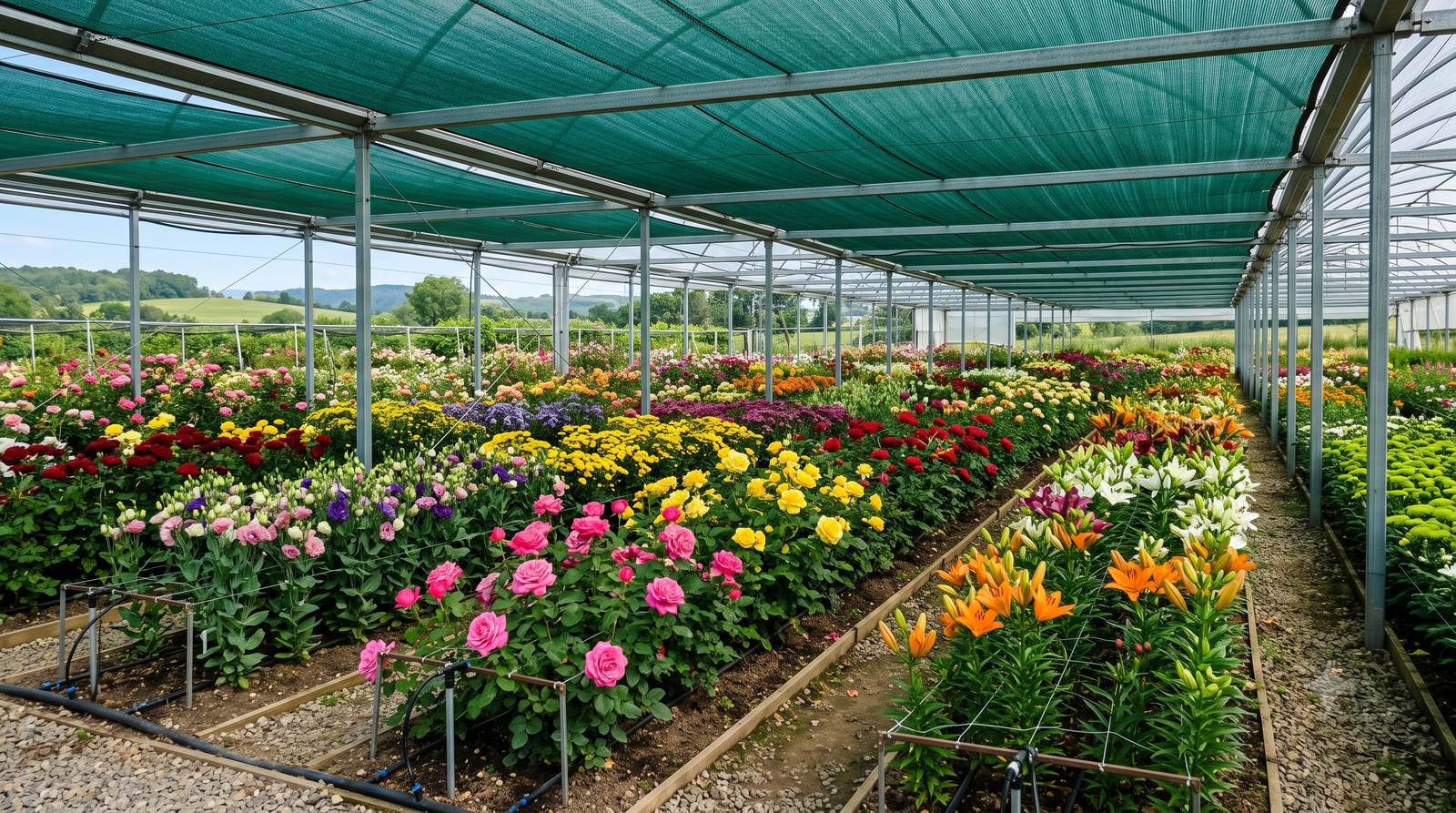 Colourful cut flowers growing under a green shade net roof