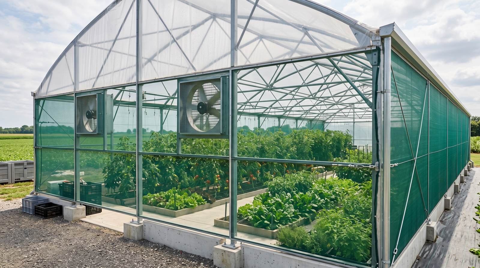 Green house structure with tomato plants growing under shade netting