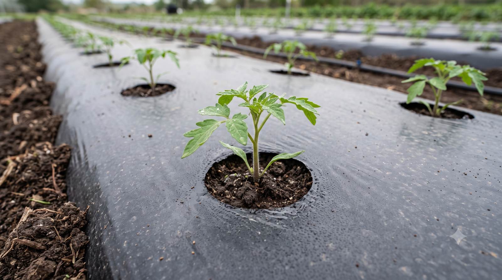 Black plastic mulch film with tomato seedlings planted through it