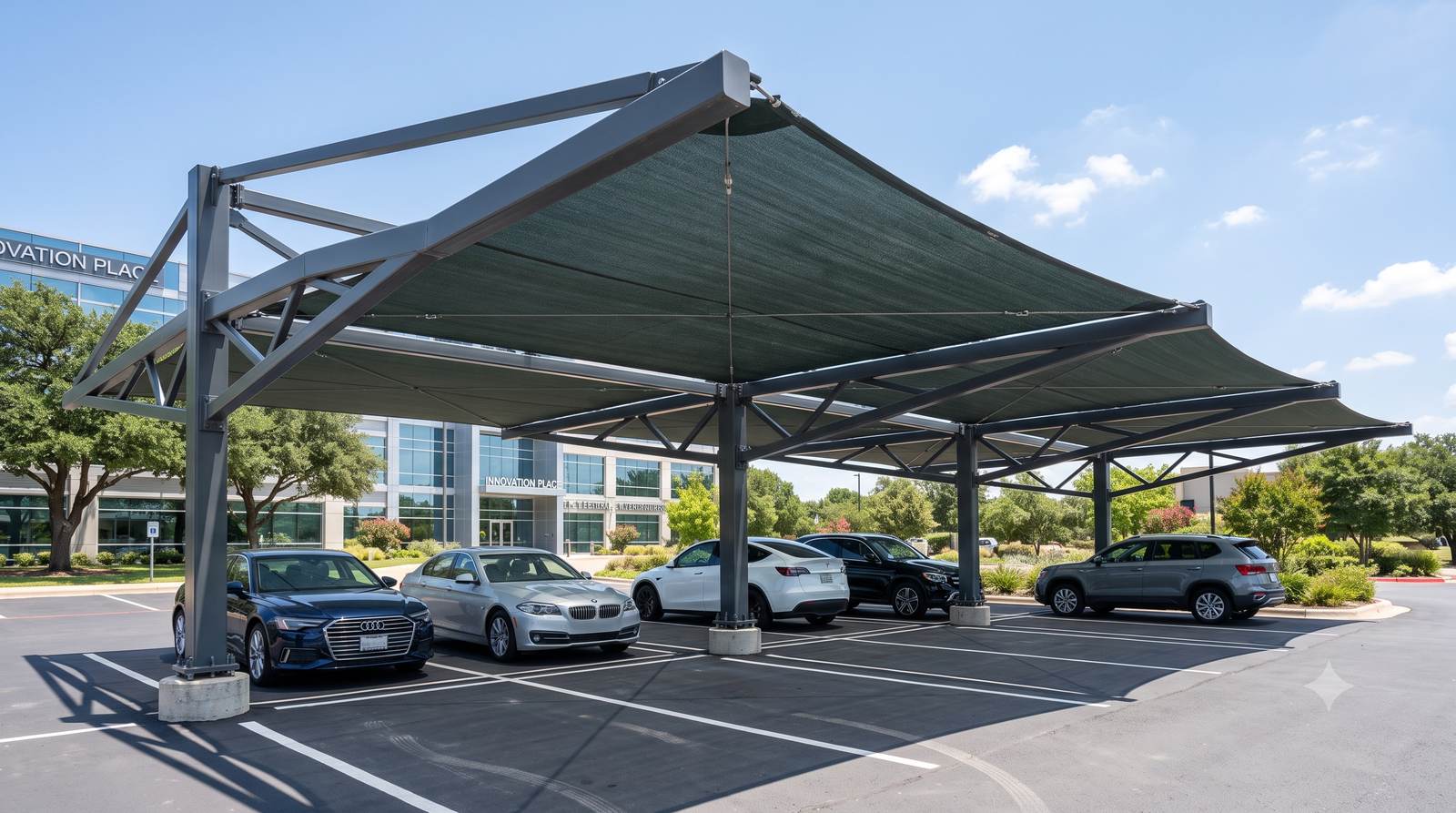 Vehicles parked under a fabric shade canopy structure