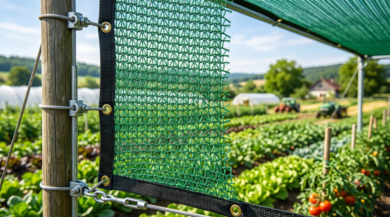 Close-up of knitted Mayura&reg; shade net material with field workers and tractors in the background