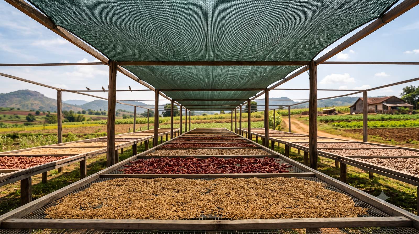 Crops laid out to dry on mesh trays under a shade net