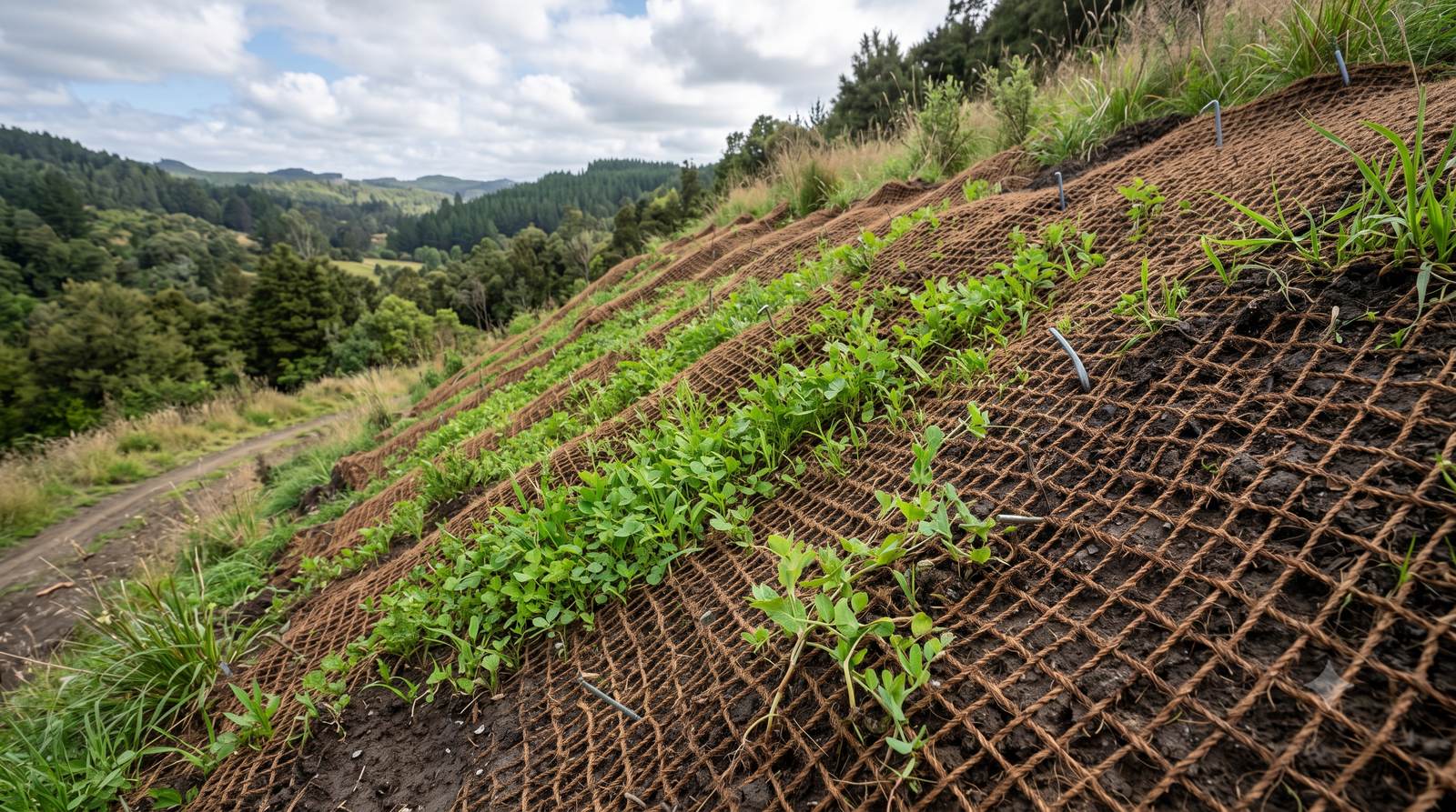 Erosion control netting holding soil and young plants on a slope