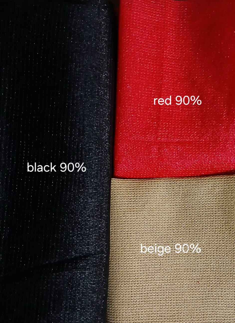 Mayura shade net colour swatches — black, red and beige, 90% shading